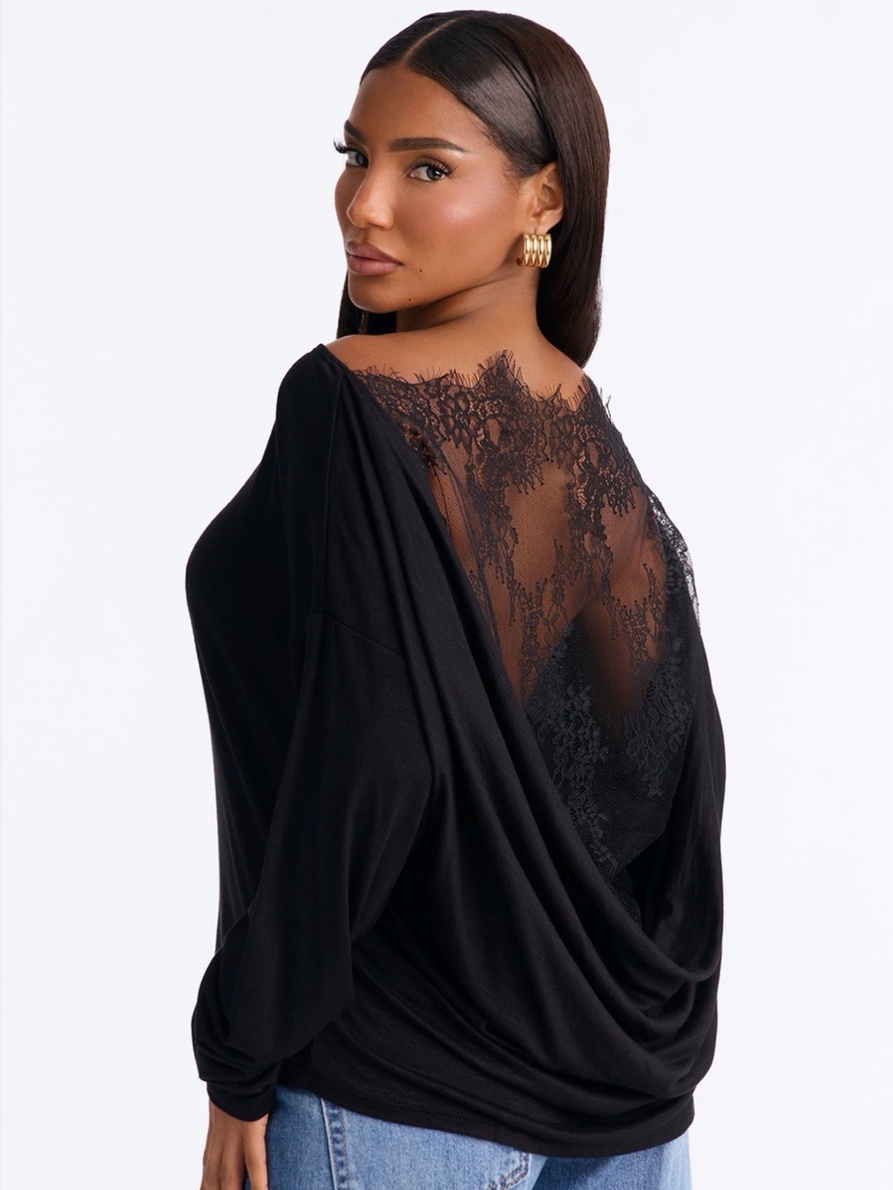 Fashion Nova Black Lace-Back Draped Top